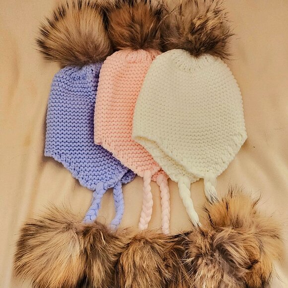Kids Toddler Baby Crochet Winter Genuine Raccoon Fur Pom Pom Hat One Size - Picture 1 of 17